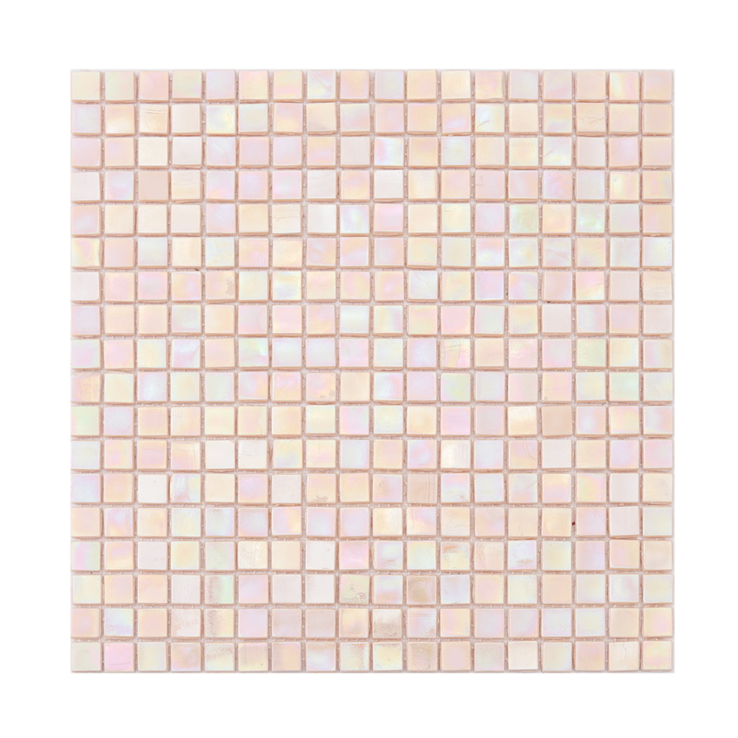 Full sheet of pale pink iridescent square glass mosaic tile on a light background