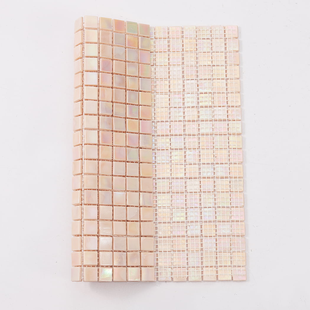 Pale pink iridescent square glass mosaic tile sheet showing front and mesh backing