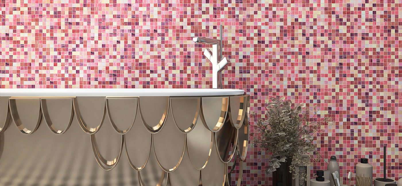  Panoramic pink square mosaic bathroom with scalloped gold bathtub and checkered floor