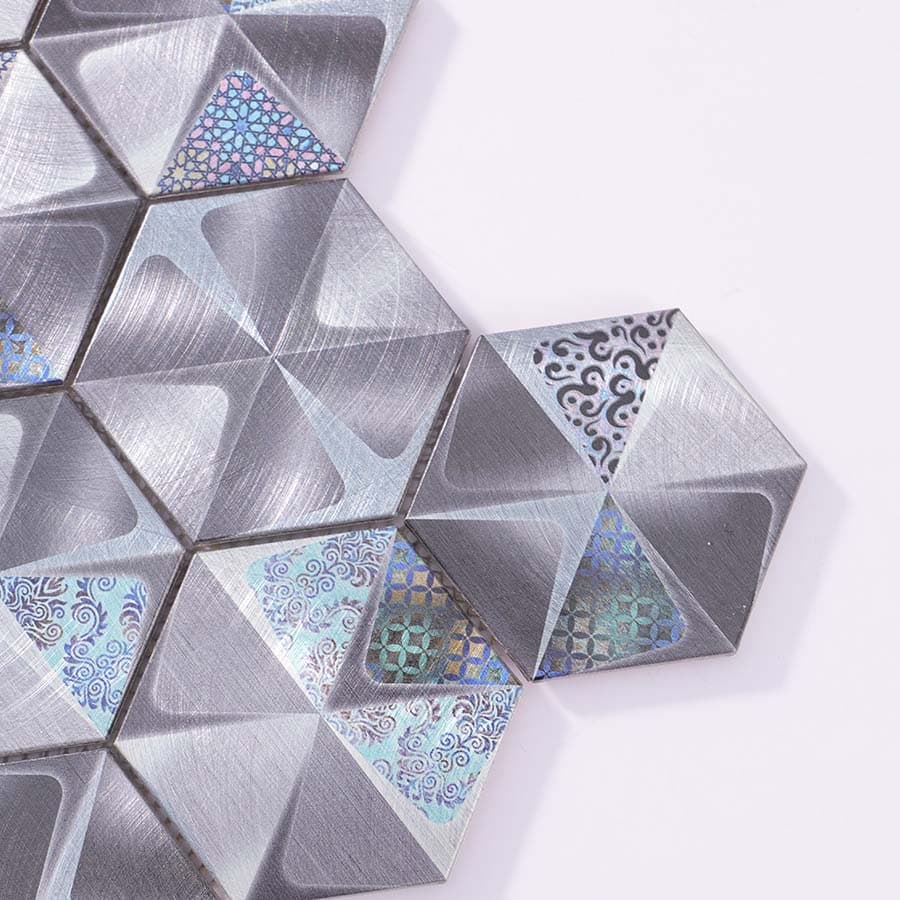 Close-up of pattern printed silver hexagon aluminum tile edge and textures
