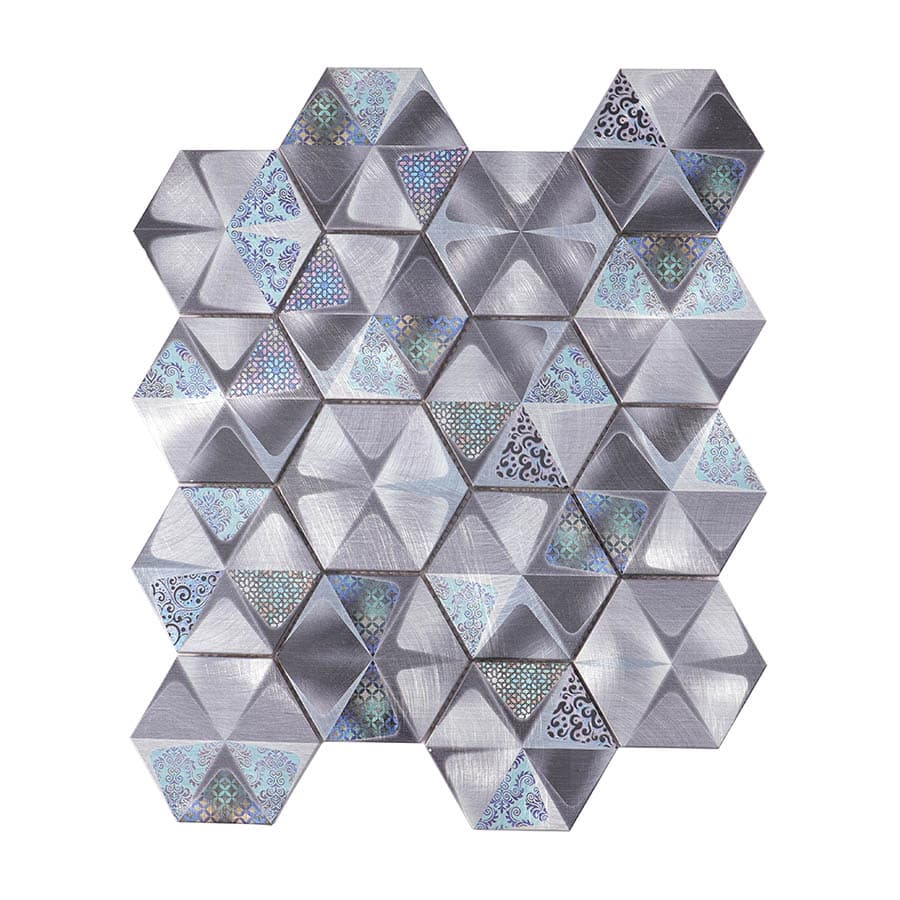 Front view of pattern printed silver hexagon aluminum mosaic tile sheet