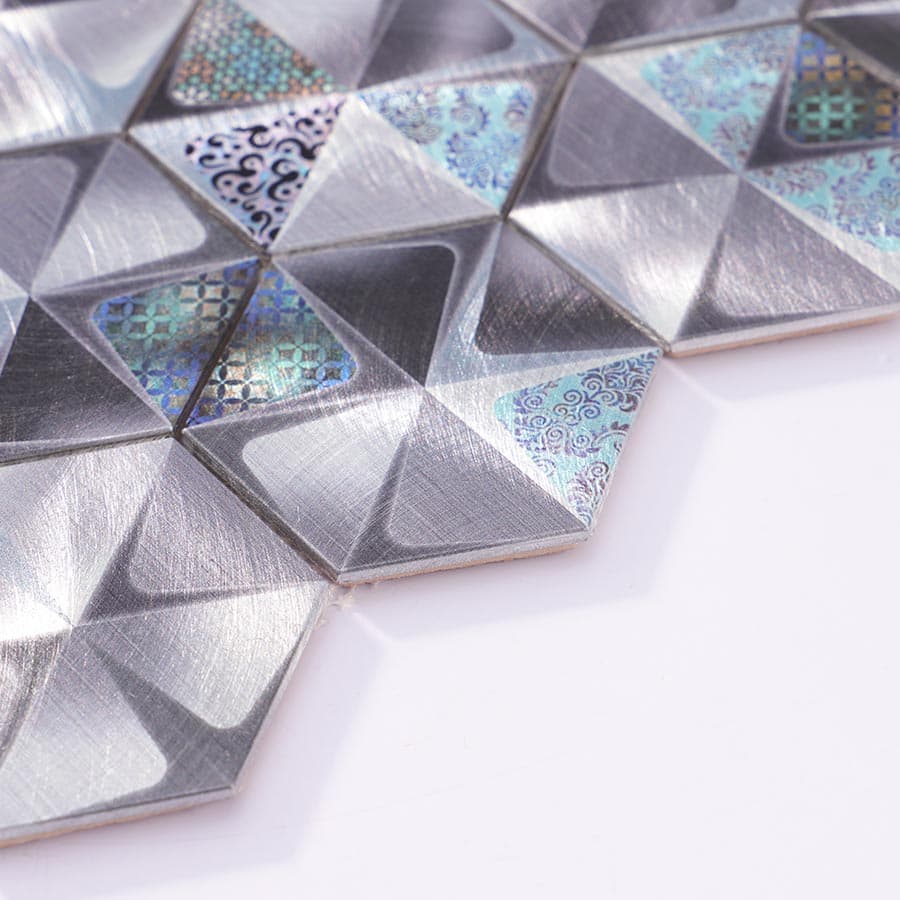 Side view showing thickness of pattern printed silver hexagon aluminum tile