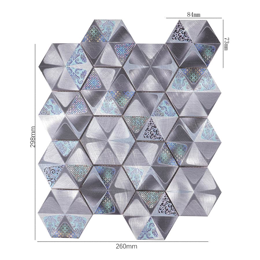 Pattern printed silver hexagon aluminum mosaic tile with size measurements