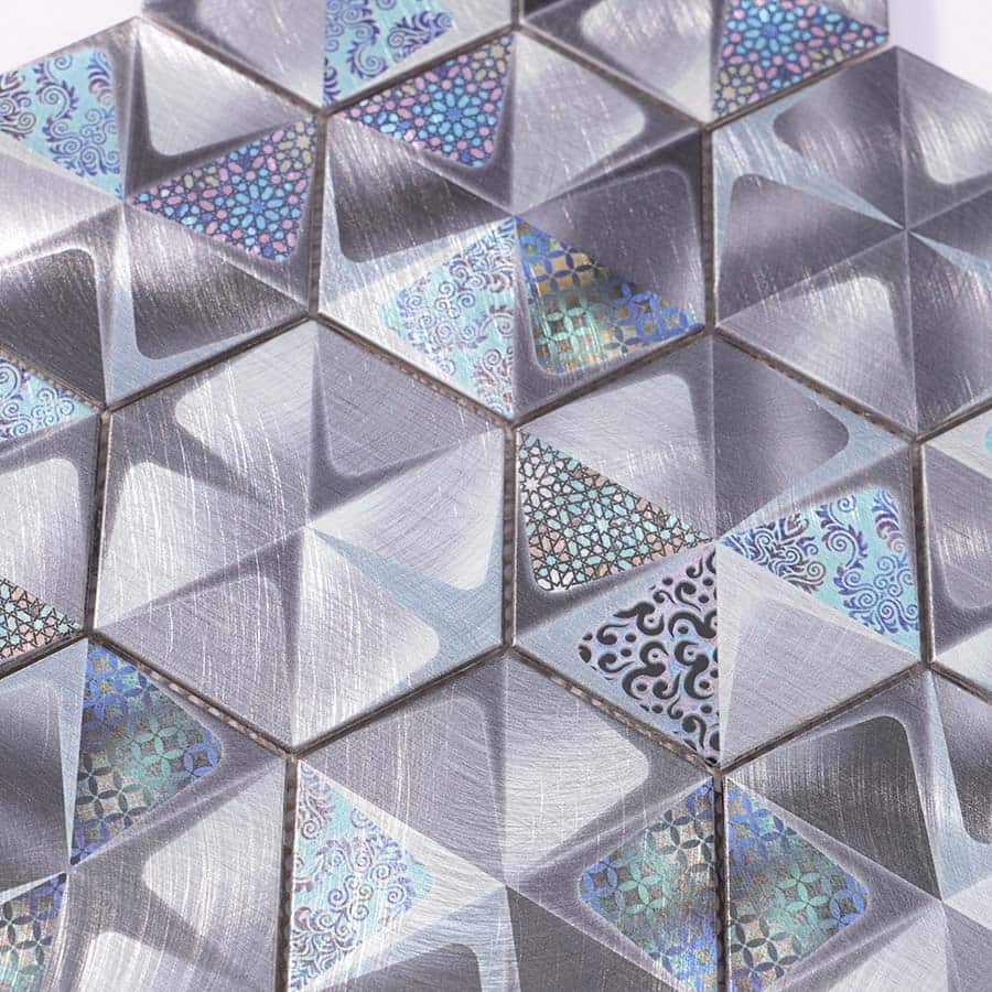 Close-up view of pattern printed silver hexagon aluminum mosaic tile surface
