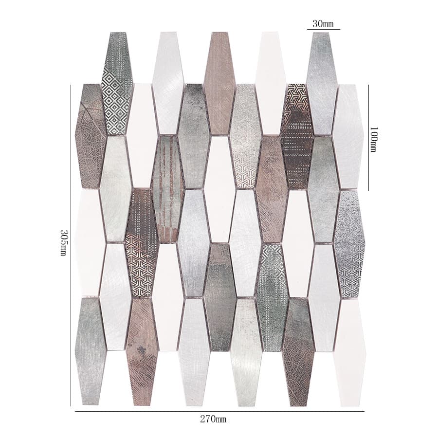 Patterned aluminum diamond mosaic tile sheet with measurements