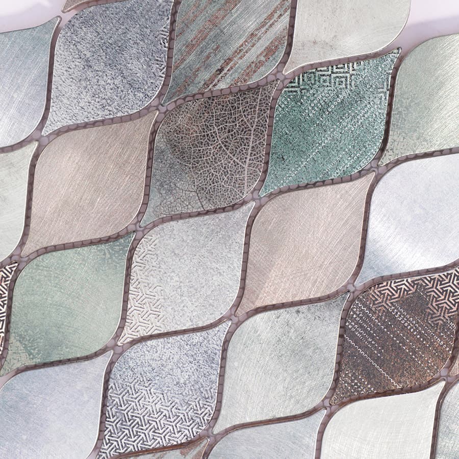 Diagonal view of patterned leaf aluminum mosaic metal tile sheet