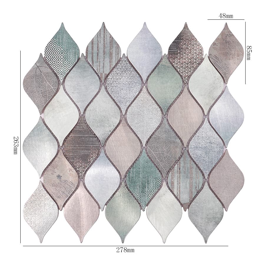 Patterned leaf aluminum mosaic metal tile sheet with size dimensions