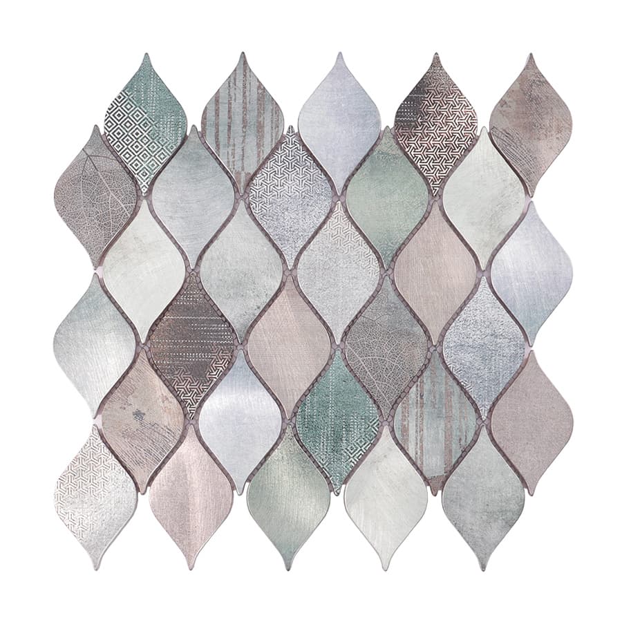 Front view of patterned leaf aluminum mosaic metal tile in mixed colors