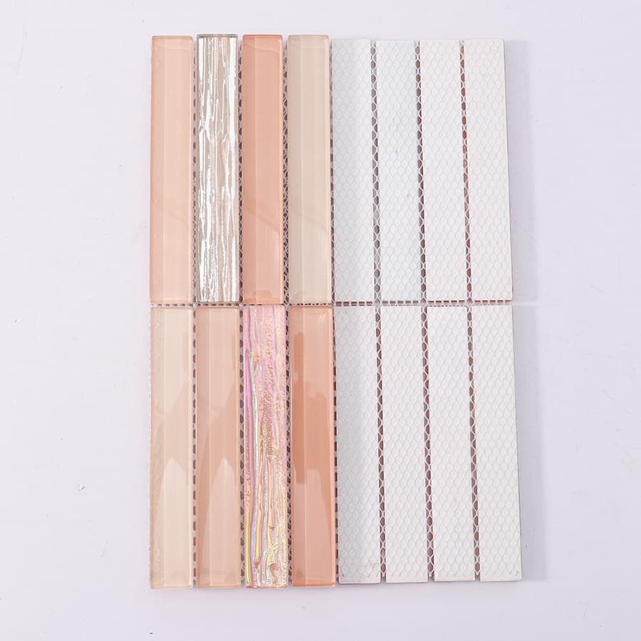Back view of peach pink glass mosaic tile with mesh backing
