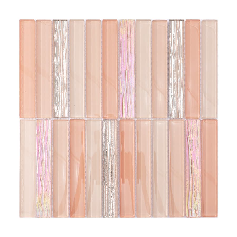 Full sheet of peach pink and silver glass mosaic tile