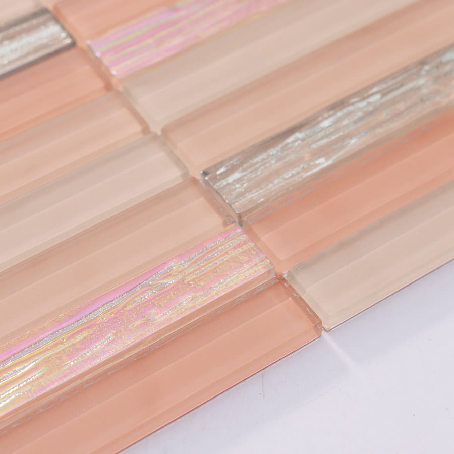 Side angle of peach pink glass mosaic wall tile