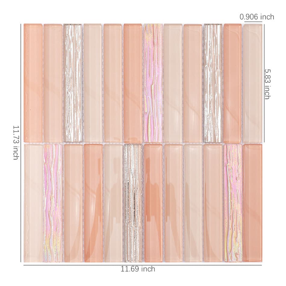 Peach pink and silver glass mosaic wall tile with measurement dimensions