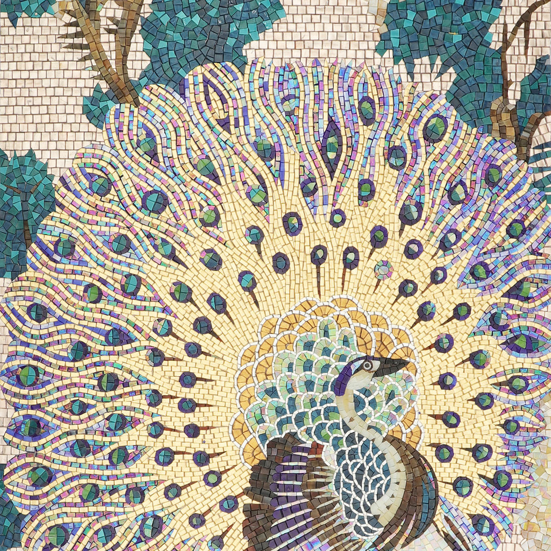 Peacock display floral mosaic wall mural art with handmade glass tiles