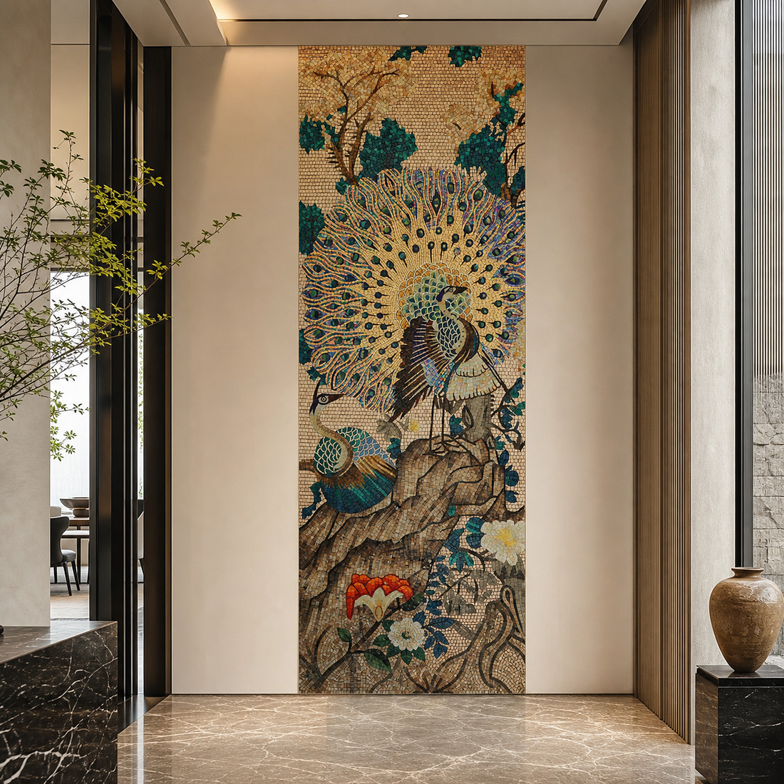 Peacock display mosaic mural installed on a luxury modern interior wall
