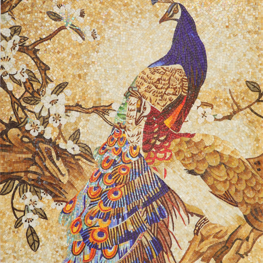 Peacock floral mosaic wall mural art with colorful hand cut tile details