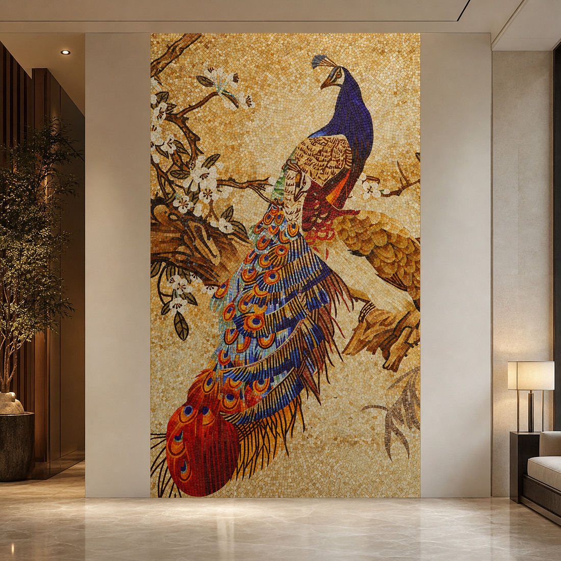 Peacock mosaic mural installed on a luxury modern interior wall