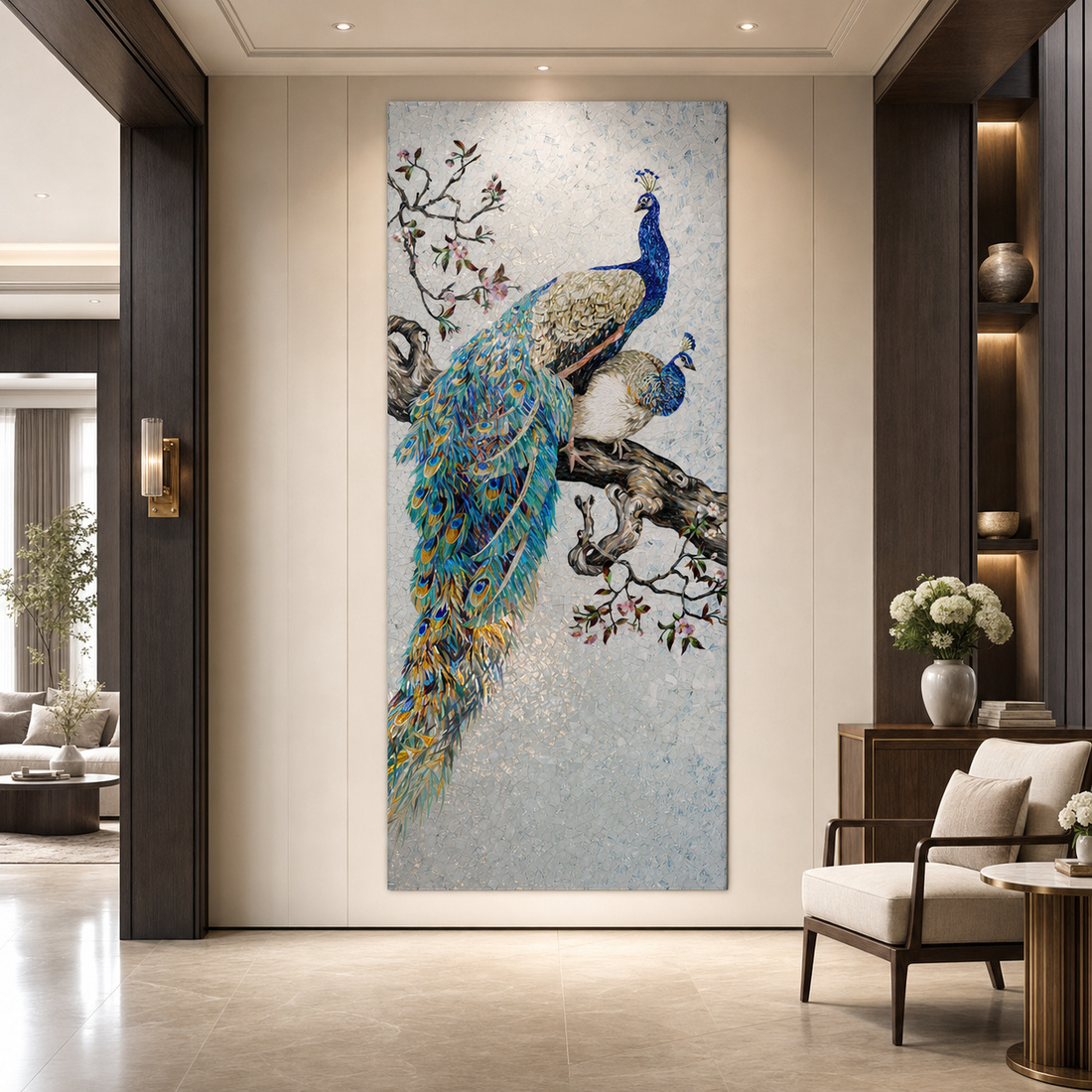 Peacock's Embrace mosaic wall art displayed in a luxury modern interior