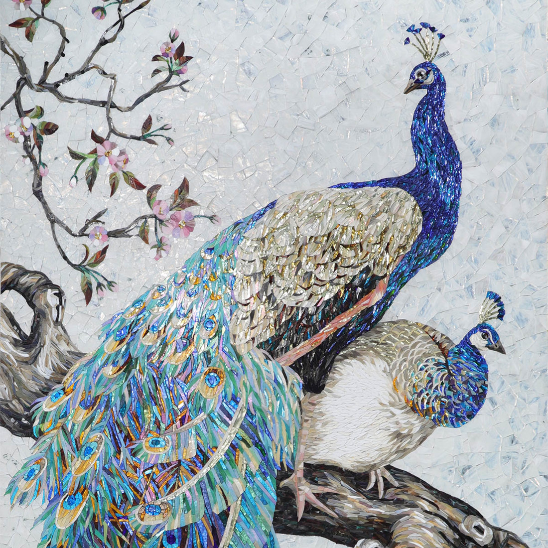 Peacock pair with turquoise plumage in handcrafted glass mosaic wall art