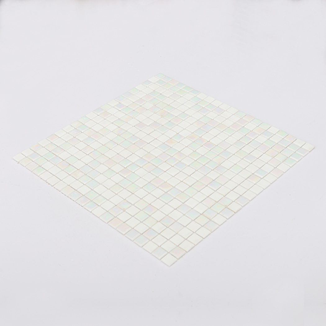 perspective shot of a pearl white square mosaic tile sheet laid on white surface