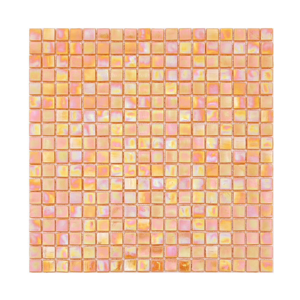 Full sheet of pearlescent orange square glass mosaic tile on a light background