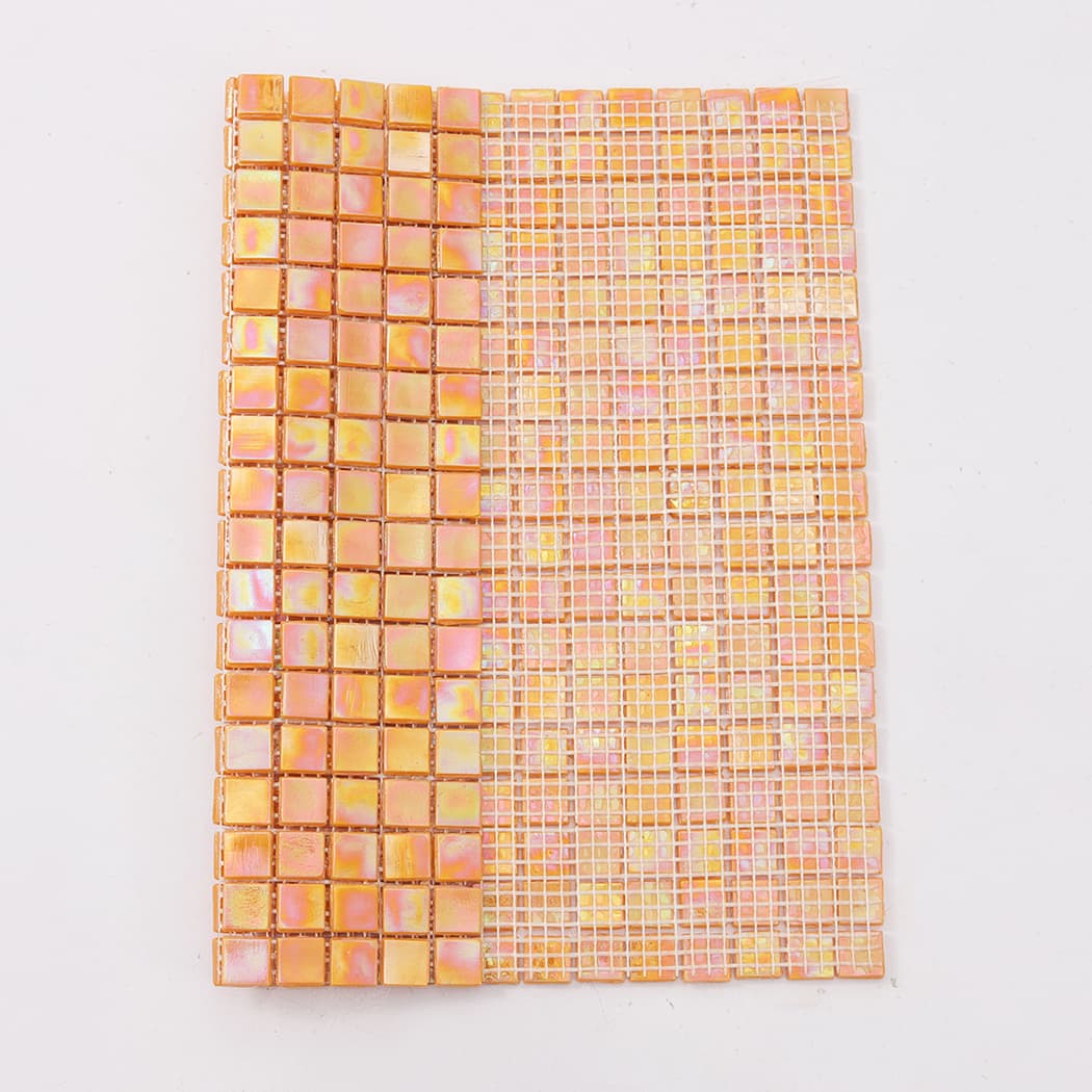 Pearlescent orange square glass mosaic tile sheet showing front and mesh backing