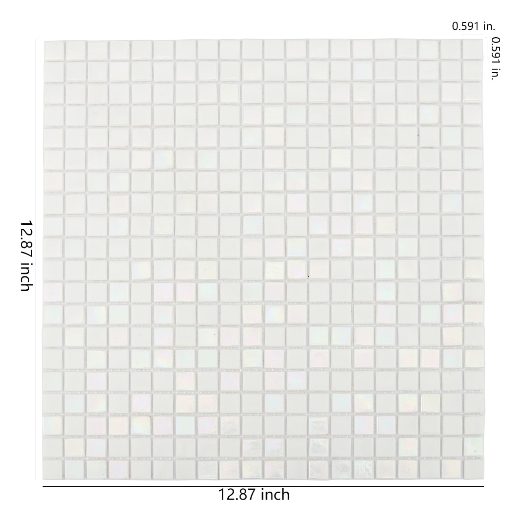 pearlescent white square mosaic tile sheet marked 12.87 inch by 12.87 inch