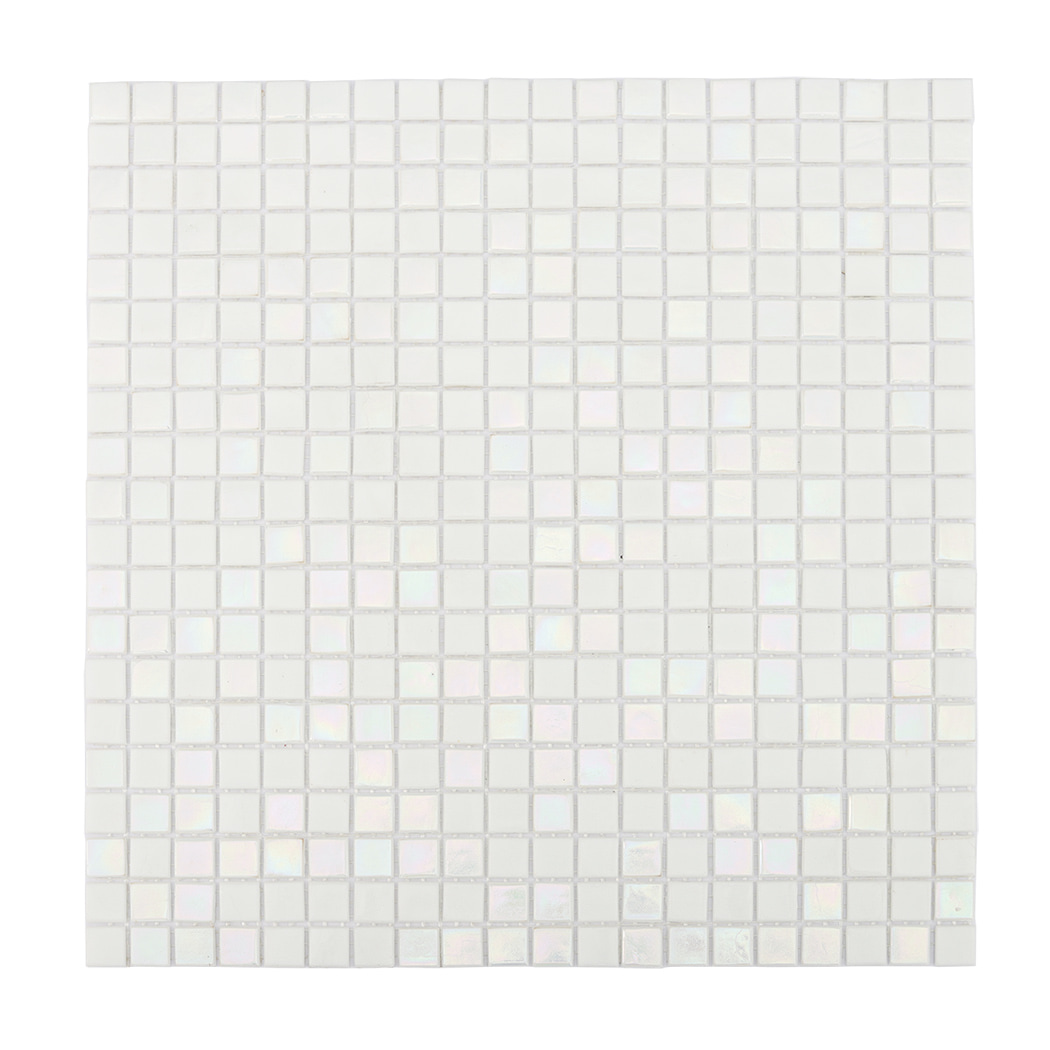 full sheet of pearly white glass square mosaic tiles on a clean white background
