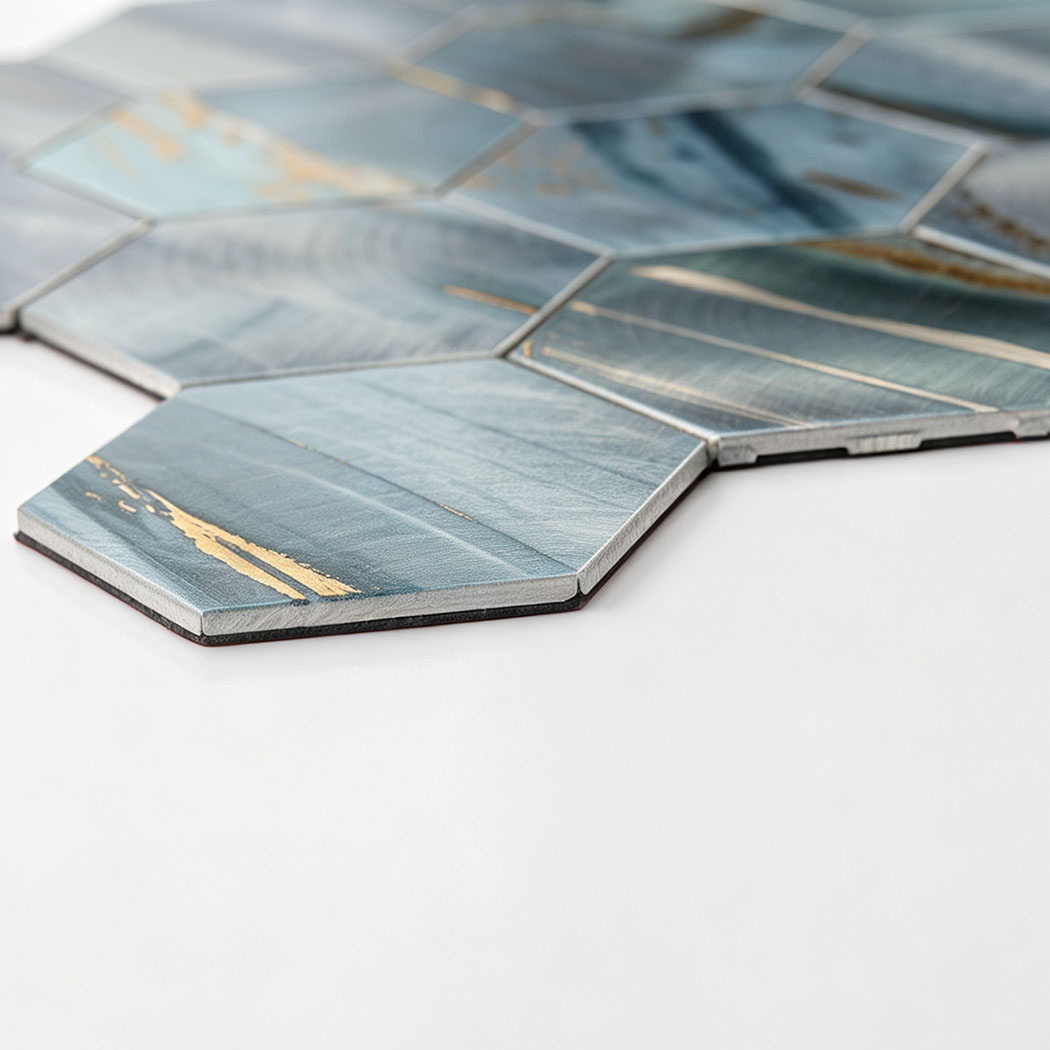 Low angle showing thickness of peel and stick blue aluminum tile