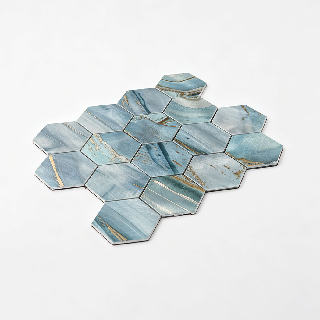 Angled studio shot of peel and stick blue aluminum mosaic