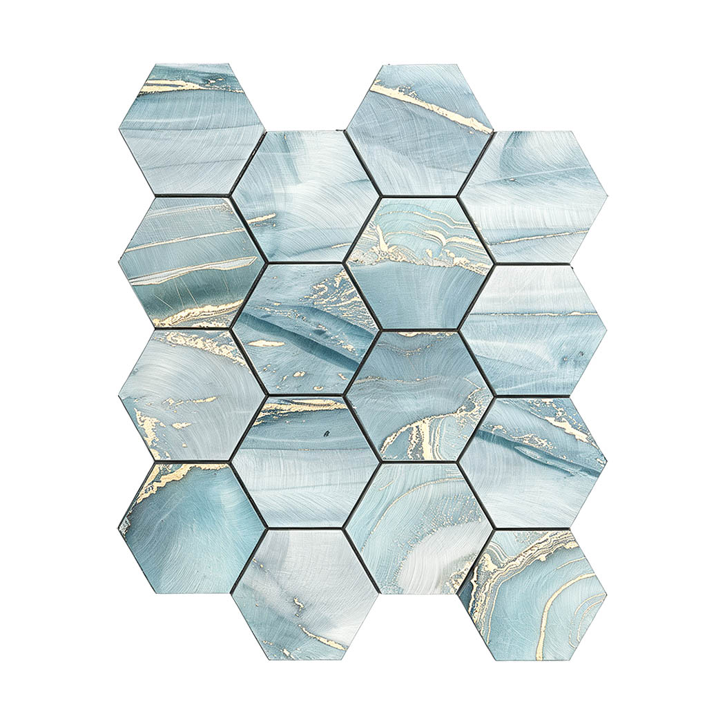 Flat top view of peel and stick blue aluminum mosaic sheet