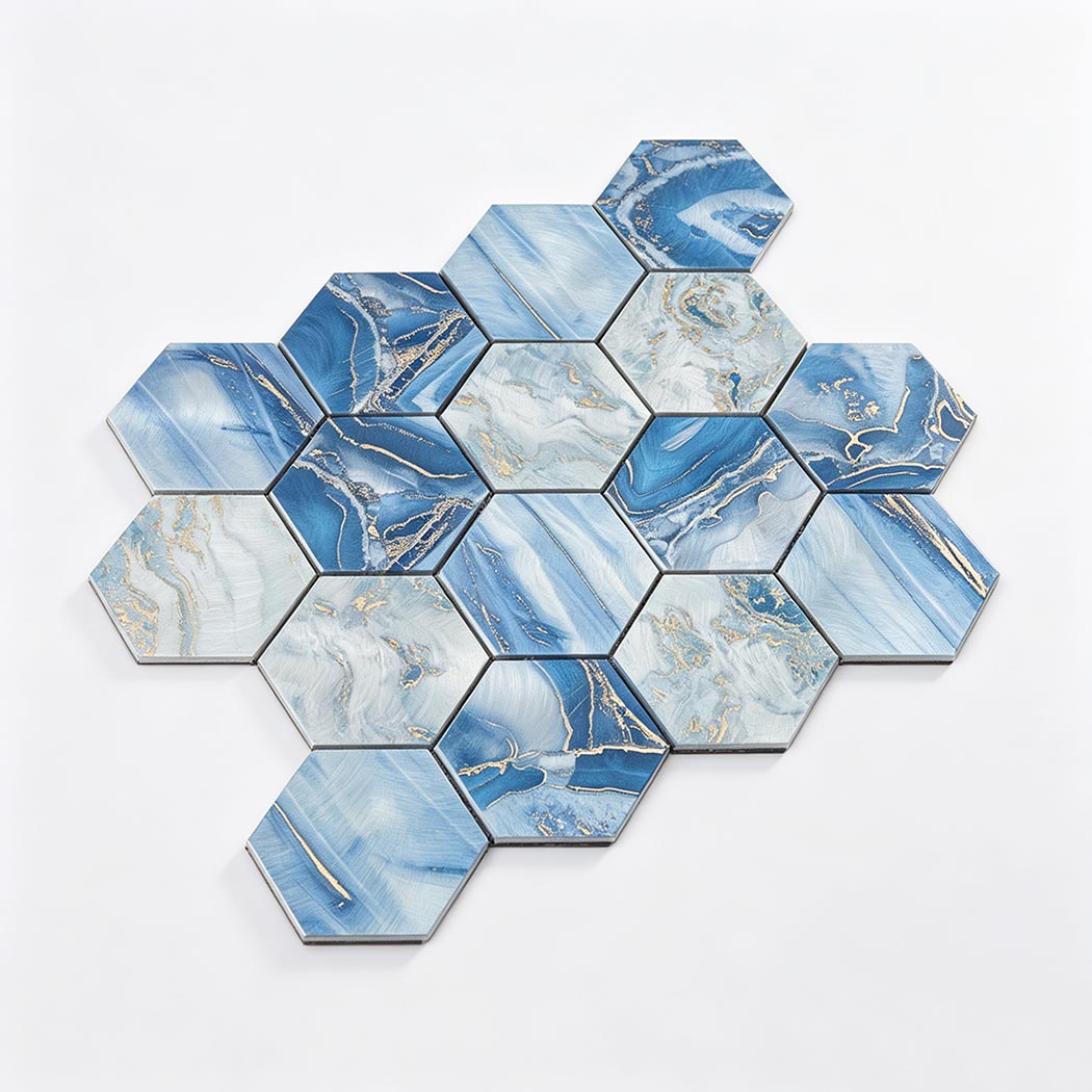 Angled studio shot of ocean blue aluminum hex tile sheet
