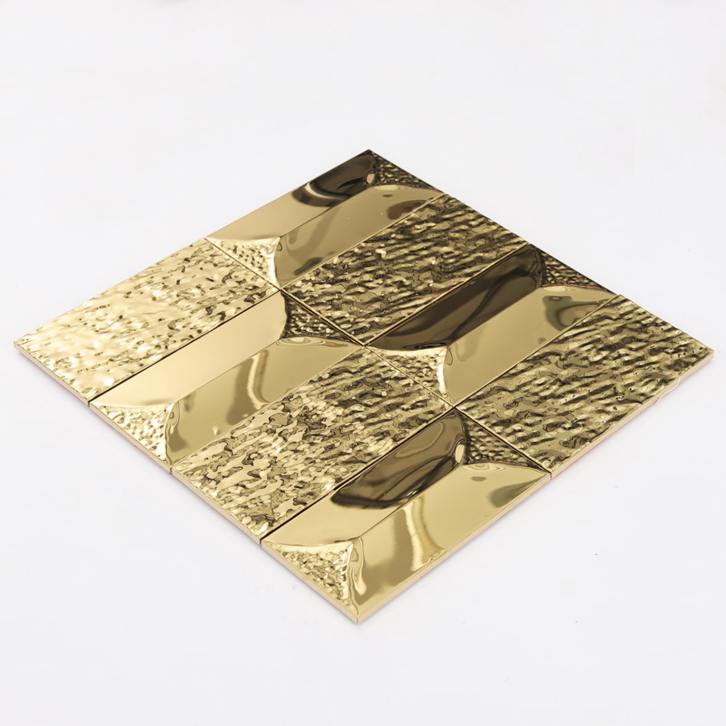 Perspective shot of a gold rectangle mosaic tile sheet on a white background.