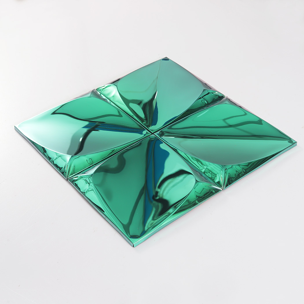 Angled perspective view of a 2x2 set of green 3D mirror wall tiles.