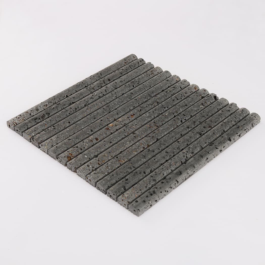 Perspective view of a complete black basalt kit kat mosaic tile sheet lying flat.