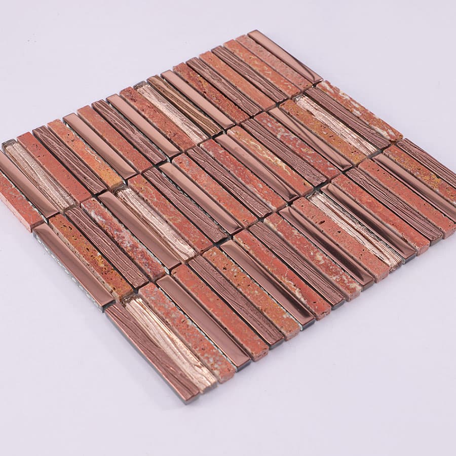 Perspective view of red brown rectangular mosaic tile sheet