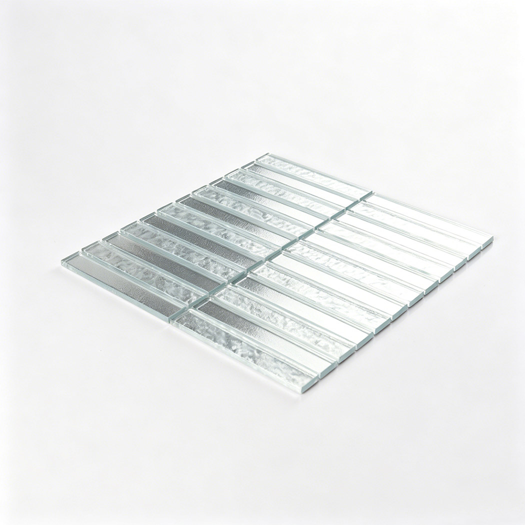 Perspective layout view of the silver metallic linear glass mosaic sheet.