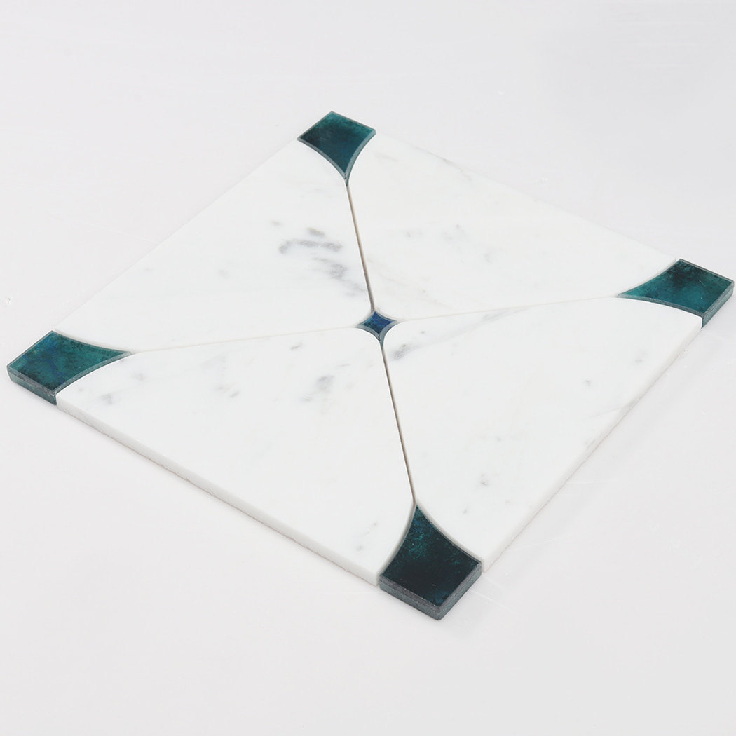 A single marble mosaic tile shown from a side perspective on a white background.