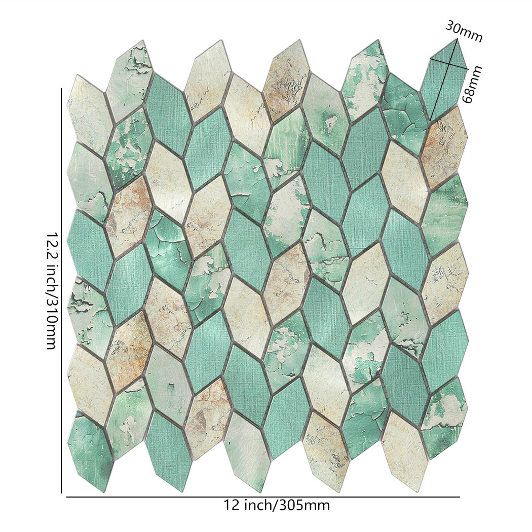 A picket shaped green rustic aluminum mosaic tile sheet with 12.2 inch height dimensions.