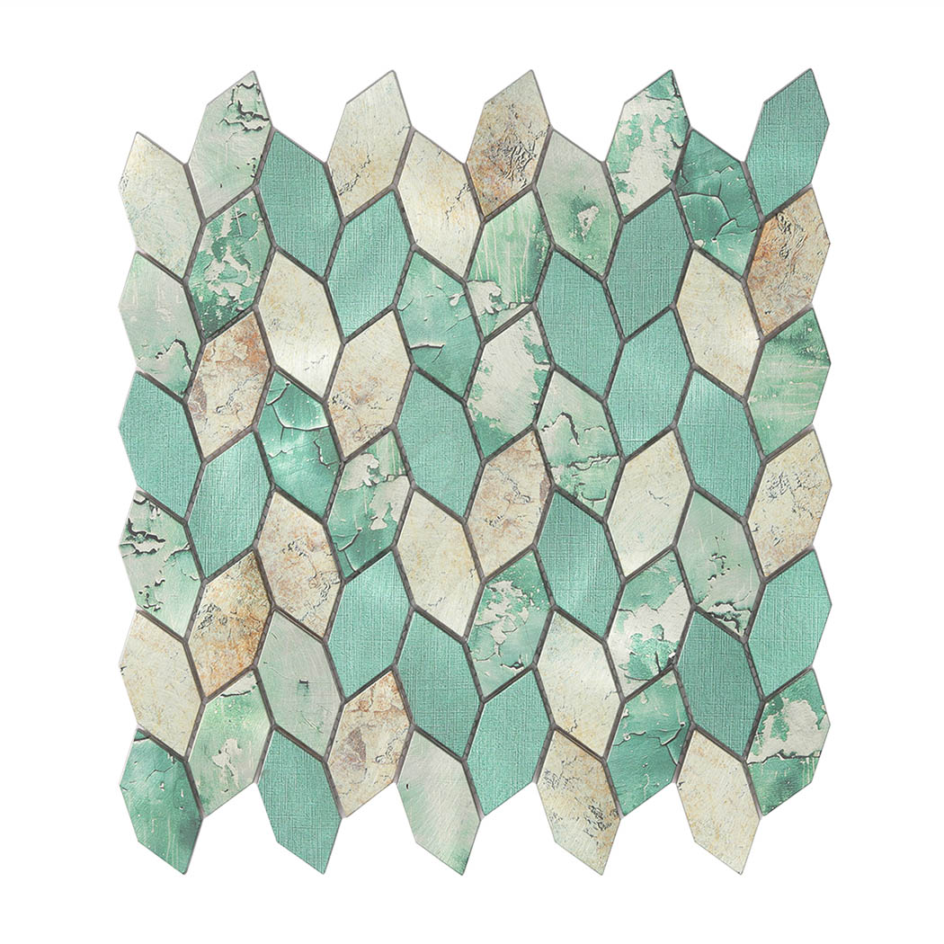 Top view of a picket shaped mint green rustic aluminum metal mosaic tile sheet.