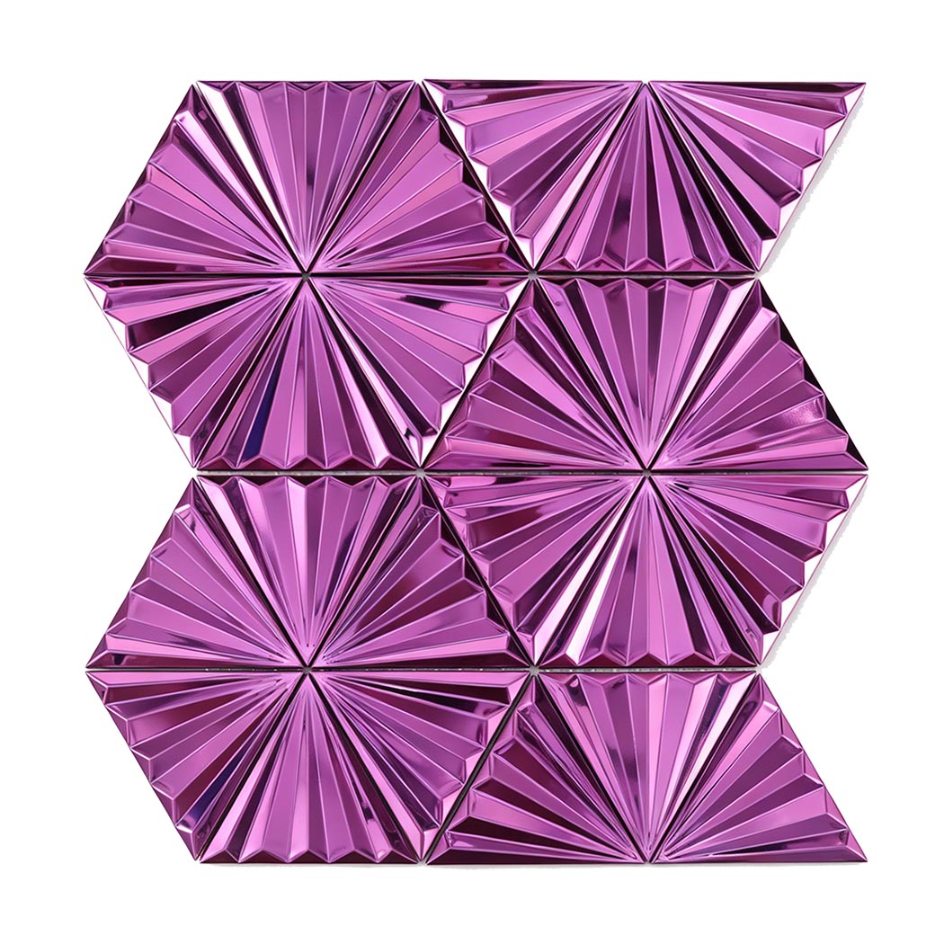 Front view of pink 3D fan triangle metal mosaic tile sheet