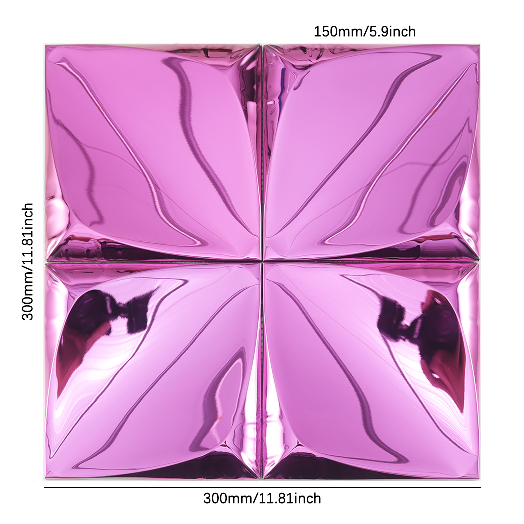 Pink 3D metal wall tile with dimensions 300mm by 11.81 inches showing tile size.