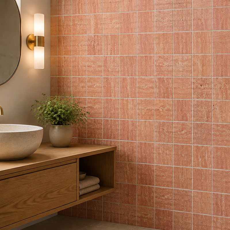 Close-up of pink 4x4 travertine bathroom wall tiles beside a natural wood vanity