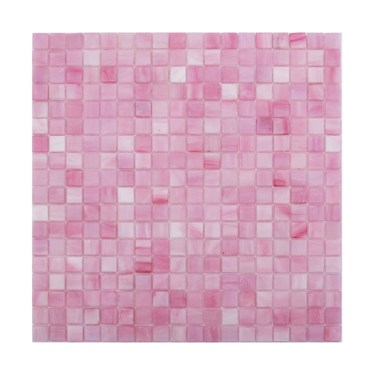 Front view of a pink square glass mosaic tile sheet with vibrant color variation