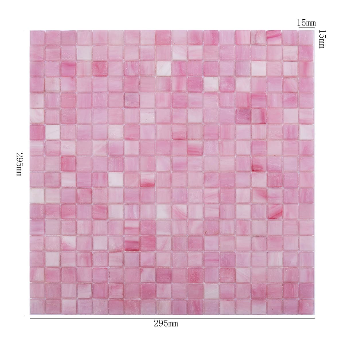 Full sheet of pink square glass mosaic tile with 15x15mm chips and 295x295mm overall size