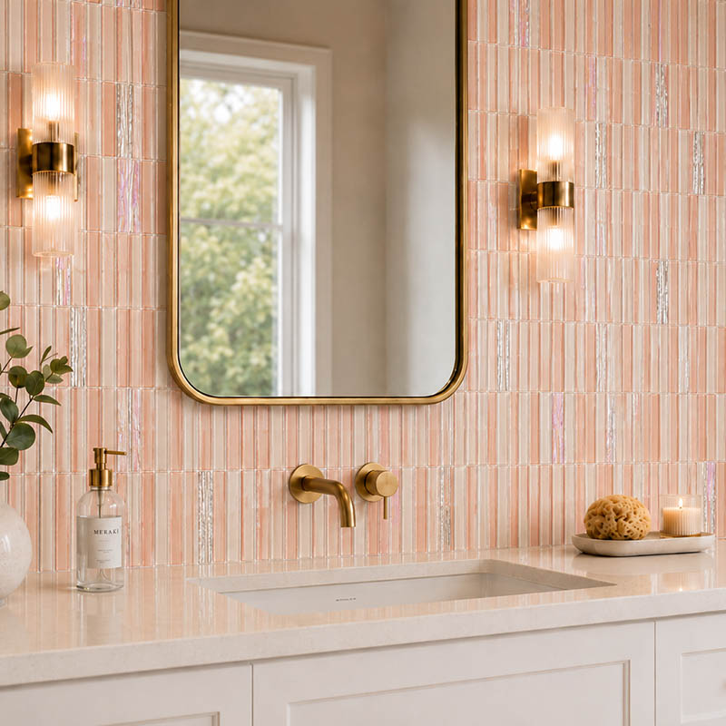 Pink iridescent glass tile backsplash behind bathroom vanity and mirror