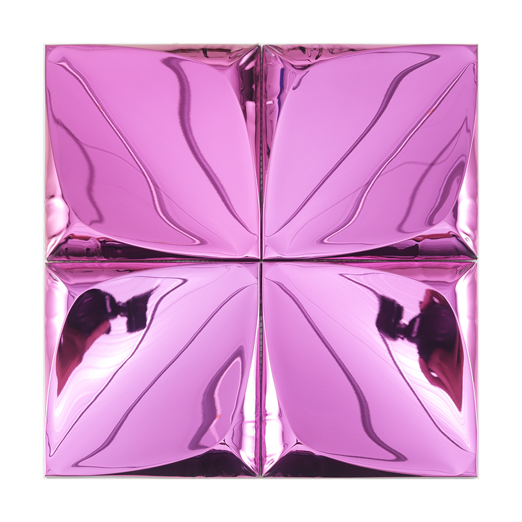 Four square pink metal tiles with a 3D leaf-like pattern and reflective mirror finish.