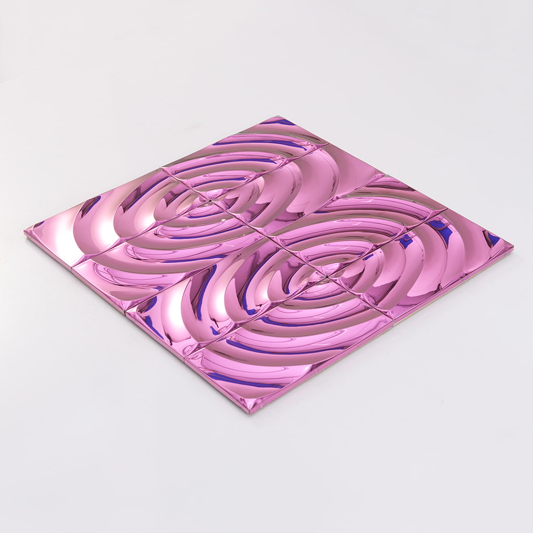 Angled view of pink mirror ripple mosaic tile sheet
