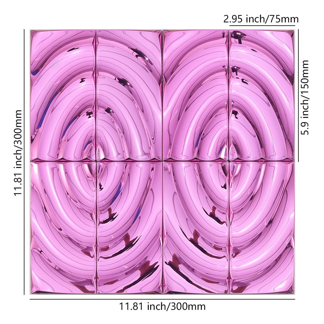 Pink mirror ripple mosaic tile sheet with size details