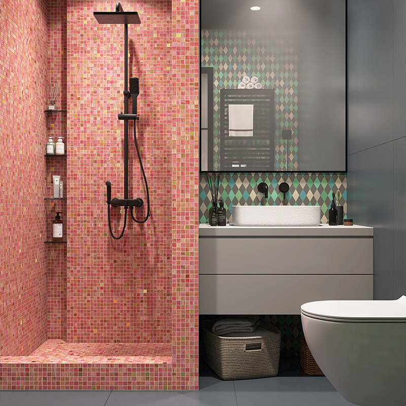 Pink mosaic shower with 24k gold in modern bathroom