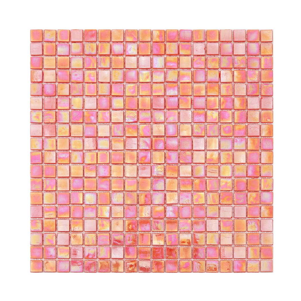 Full sheet of pink orange iridescent square glass mosaic tile on a light background